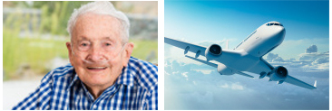 Man with oxygen tubing and airplane